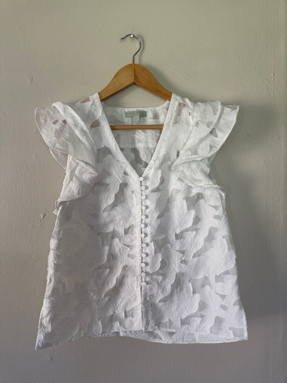 Ryegrass White Eyelet Flutter-Sleeve V-Neck Blouse with Covered Buttons